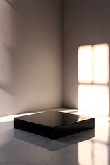 Leinwandbilder - Black square podium illuminating by window light in minimal room