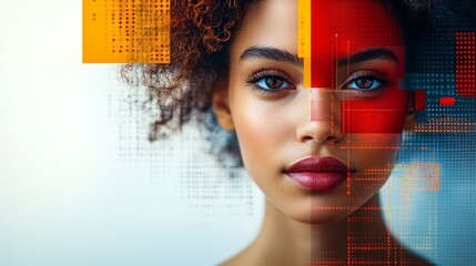 Poster - Woman's face is shown in a digital image with a red and yellow background. The woman's face is the main focus of the image, and it is a close-up shot. The red and yellow background adds a bold