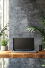 Poster - Laptop showing blank screen sitting on wooden desk with plants and concrete wall