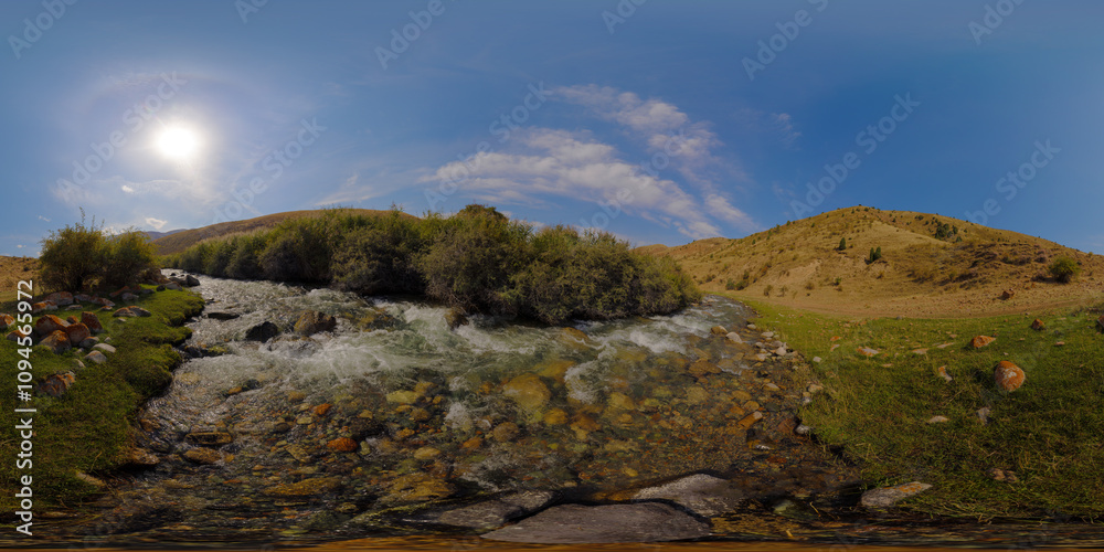 Full Spherical panorama of mountain river near green bushes and yellow ...