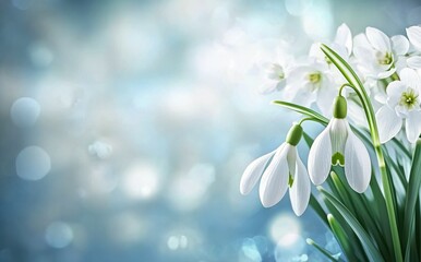 Wall Mural - Snowdrops blooming in the frost under a wintery atmosphere illuminated by soft light