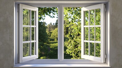 Poster - Open window showing lush green trees in summer day