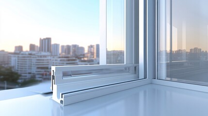 Poster - Modern sliding window frame with city view during sunset
