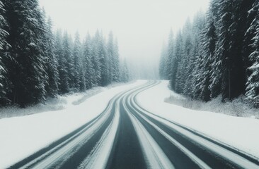 Wall Mural - Snowy winding road through quiet forest landscape in winter season