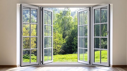 Aufkleber - Open french doors showing lush green garden with trees