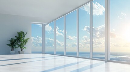 Poster - Modern empty office interior with large panoramic windows showing beautiful cloudscape over city and sea