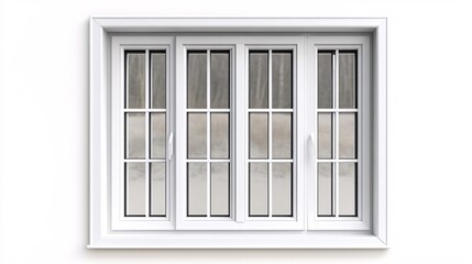 Poster - White pvc window frame on a white wall showing winter scenery