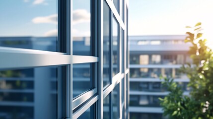Aufkleber - Modern glass facade reflecting blue sky and trees on a sunny day