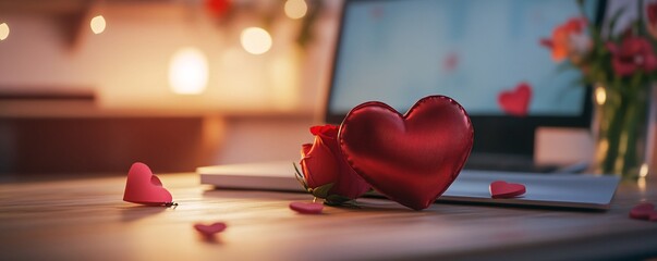 Poster - Red heart and roses celebrating valentine's day on a desk with laptop