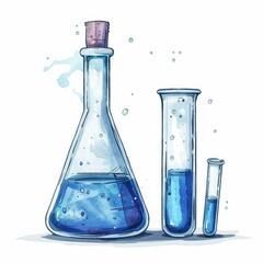 Poster - Erlenmeyer flask and test tubes containing blue liquid, creating a scientific laboratory scene