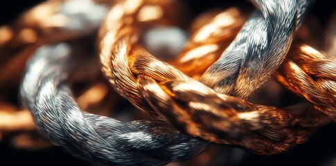 Aufkleber - Close-up of intertwined metallic ropes showcasing texture and color contrast.