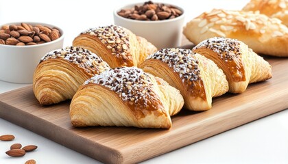 Wall Mural - Freshly baked croissants arranged beautifully on a wooden board in a cozy kitchen setting