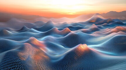 Aufkleber - Wireframe landscape forming hills at sunset in a 3d rendering illustration
