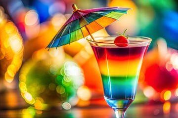 Canvas Print - rainbow cocktail with small umbrella and strawberry in colorful light background