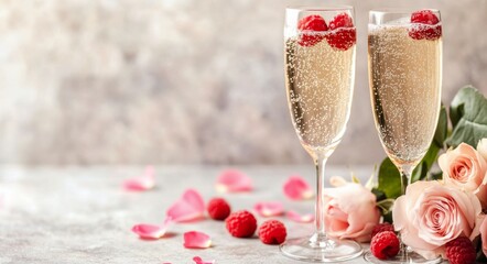 Poster - Glasses filled with sparkling beverage and decorated with flowers and berries for celebration