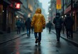 © puruan - Walking through a rainy urban street in a yellow raincoat during a cloudy afternoon