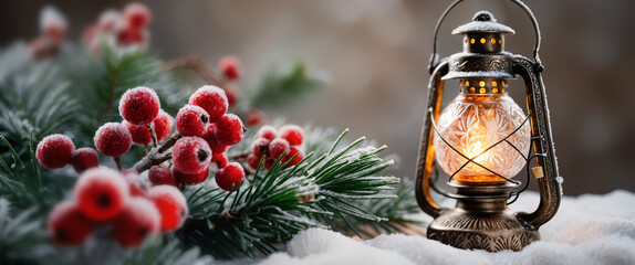 Wall Mural - Christmas lantern illuminating snowy scene with pine branches and red berries