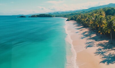 Wall Mural - Beautiful tropical beach with clear water and palm trees along the shore in the daytime