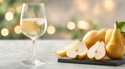 Wall Mural - Refreshing pear drink with fresh pears on a table decorated with soft lights