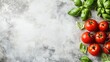 © Seyyar - Fresh red tomatoes and vibrant basil leaves arranged on a rustic white table with ample copy space for creative text placement.