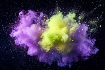 Poster - A vibrant explosion of purple and yellow powder resembling a colorful cloud in space.