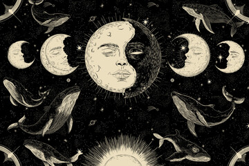 Wall Mural - vector illustration set of moon phases. different stages of moonlight activity in vintage engraving 