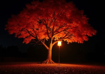 Wall Mural - Vibrant red tree illuminated by a lamp in a tranquil nighttime setting