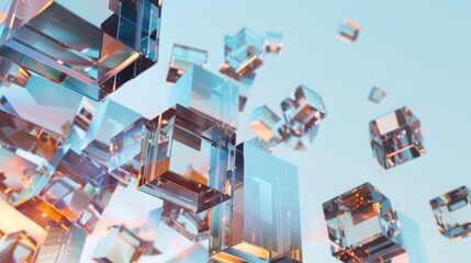 Poster - Floating glass screens displaying geometric icons in futuristic environment abstract composition artistic viewpoint