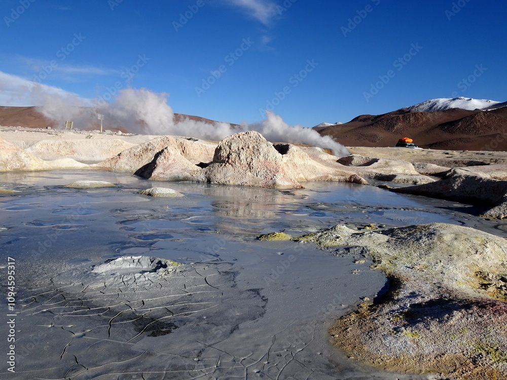 Sol de manana, volcanic area and geothermal park with boiling mud pots ...