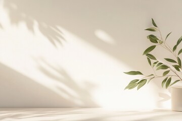 Wall Mural - A minimalist scene featuring a potted plant casting shadows on a light wall.