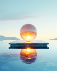 Poster - Floating abstract glowing sphere above smooth reflective surface minimalist surreal composition modern aesthetic