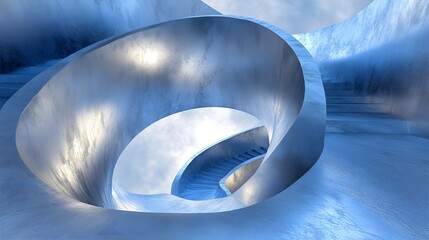 Poster - Dynamic architectural spiral staircase modern building 3d render cool color palette abstract design innovative concept