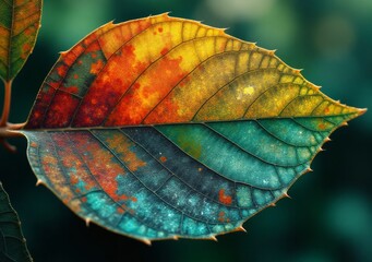 Colorful leaf showcasing vibrant autumn hues and unique textures in a natural setting