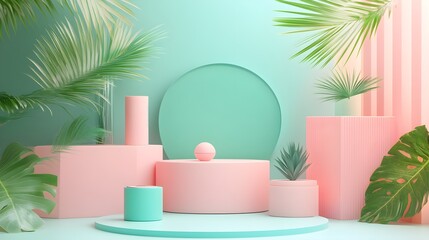 Poster - Artistic display of geometric shapes and tropical plants studio setting 3d render minimalist design colorful and modern aesthetic