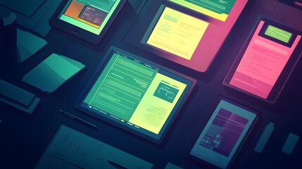 Poster - Digital devices displaying modern interfaces workspace graphics indoor aerial view technology innovations