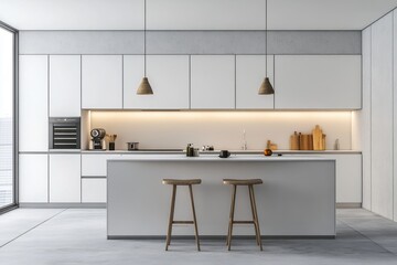 Wall Mural - Modern kitchen with minimalistic design and wooden accents.