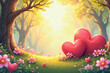 © Aleksei Solovev - A serene forest scene on Valentine's Day, featuring two large pink hearts, set against a backdrop of lush green trees and pink flowers, with a soft, dreamy quality and warm yellow lighting.
