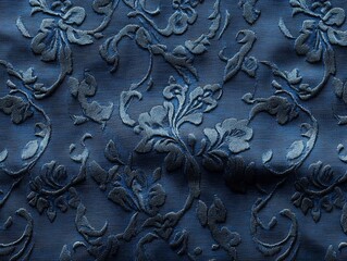 Poster - A textured blue fabric with floral patterns, suitable for upholstery or fashion design.