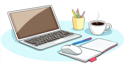 Poster - A laptop is on a table with a cup of coffee and a pen