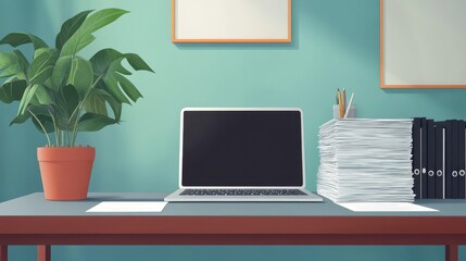 Poster - A laptop sits on a desk with a stack of papers and a potted plant