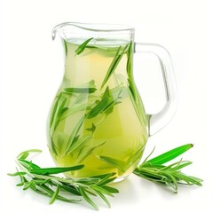 Poster - Tarragon lemonade in a glass pitcher with fresh tarragon sprigs, isolated on a white background, promoting healthy living