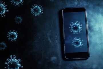 Poster - smartphone displaying virus illustrations surrounded by floating virus images in dark setting
