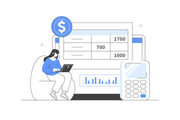 Poster - Financial report, management.  Character analyzing charts, balance sheet, income statement and other business data.  Flat Cartoon Vector Illustration, icon. Stylish abstract