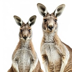 two curious red kangaroos are posing on a white background