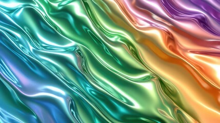 Wall Mural - A holographic rainbow foil background with a rippling texture that reflects a spectrum of vibrant colors. The metallic surface has a smooth, wavy design, capturing hues of green, blue, orange.