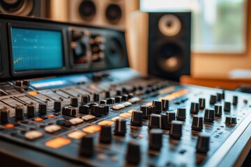 Sound mixing console in a modern recording studio with speakers in the background