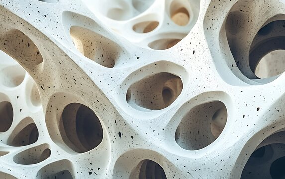 Abstract 3D rendering of a porous, organic structure with interconnected cavities and a textured surface.