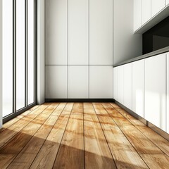 Poster - empty modern kitchen with white furniture, wooden floor and large window, sunlight illuminating the 