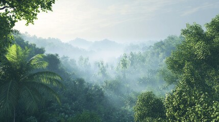 Poster - A lush green forest with a foggy mist in the air. The trees are tall and leafy, and the sky is cloudy. The scene is serene and peaceful, with the mist adding a sense of mystery