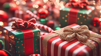 Wall Mural - christmas presents wrapped in colorful ribbons and bows with sparkling lights